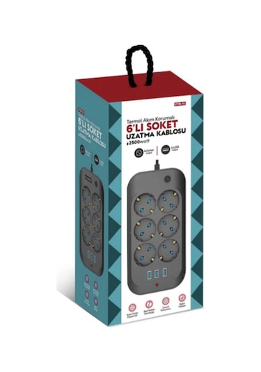 Termal Akım Korumalı, Çocuk Korumalı, 6 Lı 2 Mt Uzatma Kablosu 6 X Priz, 3 X Usb 1