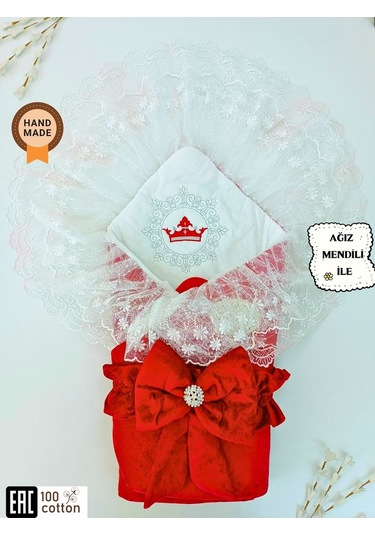 Dantelli Taçlı Bebek Kundağı Unisex Bebek Dış Kundak Battaniyesi Hastane Çıkışı Mevlütlük Kundak Bordo