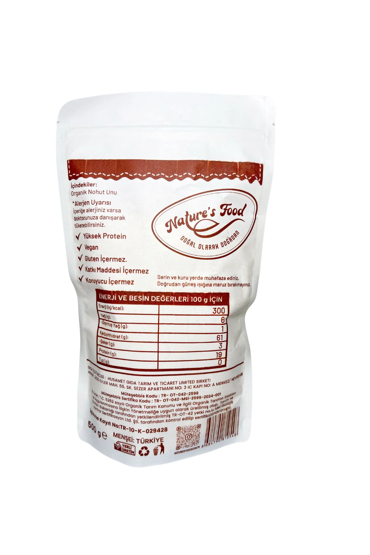 Organik Nohut Unu 500gr Pestisit Analizli Organik Sertifikalı