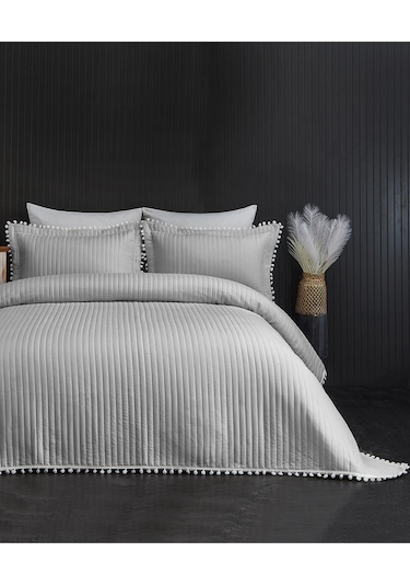 Evlen Home Collection Ponponlu Çift Kişilik %100 Pamuk Yatak Örtüsü Pike Takımı Gri