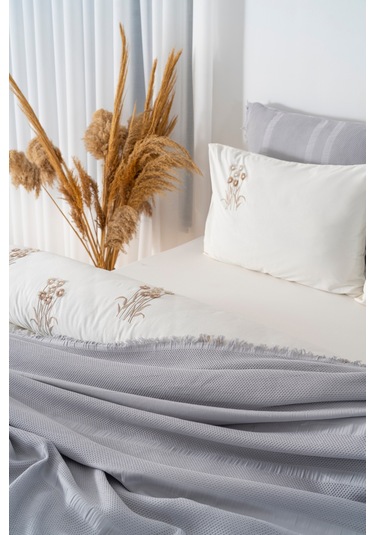 Amara Taş Nakışlı Çift Kişilik %100 Pamuklu Nevresimli Pike Seti - 7 Parça Çeyiz Seti Taş