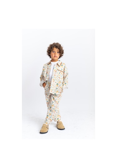 Oliventhekid Unisex Yaka Ve Cep Nakışlı Poplin Takım Ekru Ekru