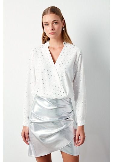 Sateen Parlak Puantiye Desenli Bluz - Ekru
