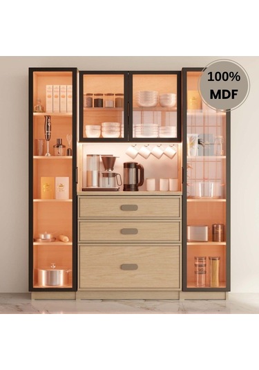 Karanfil Mdf Kahve Köşesi Dolabı 4 Kapak Çekmeceli Işıklı Bej
