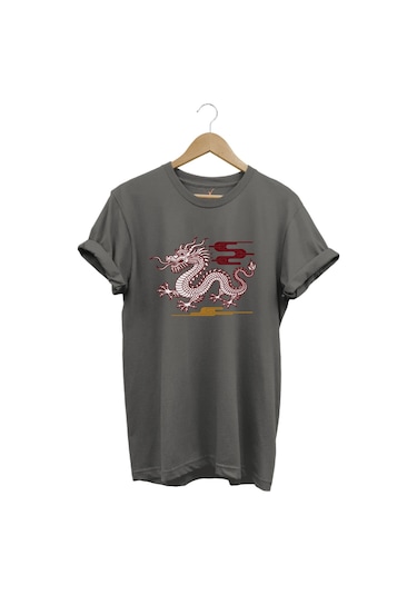 Mitolojik Asya Çin Ejderha Baskılı %100 Pamuk Regular Fit Bisiklet Yaka Gri T-shirt Gri