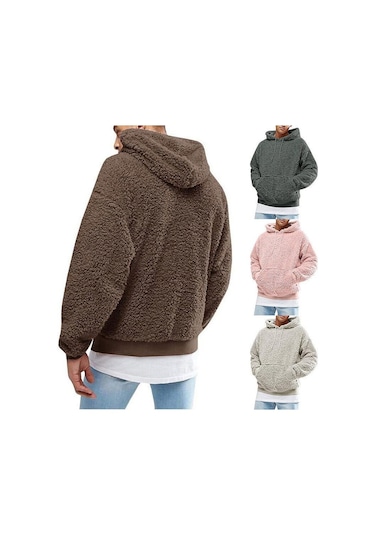 Erkekler Kalın Polar Peluş Sıcak Hoodie Kazak Kış Peluş Kürk Kapşonlu Tişörtü Siyah