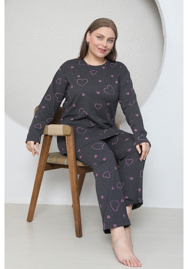 Fames Pijama Büyük Beden Kalp Desenli Mevsimlik Uzun Kol Pijama Takim Füme