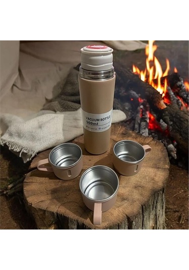 Kişiselleştirilebilir 3 Bardaklı Çelik Termos 05 Lt Kahverengi Kahverengi