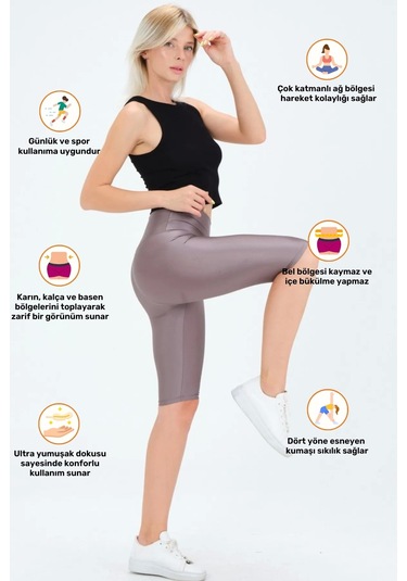 Enenstyle Fashıon Boutıque Yeni Sezon Özel Üretim Toparlayıcı Yüksek Bel Parlak Kumaş Iç Göstermeyen Dizüstü Spor Tayt Gri