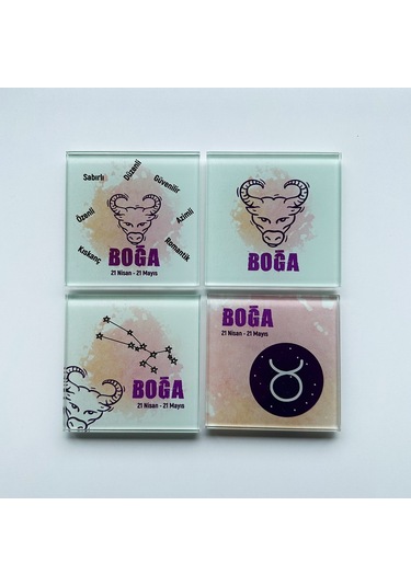 Decorita Cam Bardak Altlığı Burçlar - Boğa Burcu 4'lü Takım 10 CM x 1 Çok Renkli