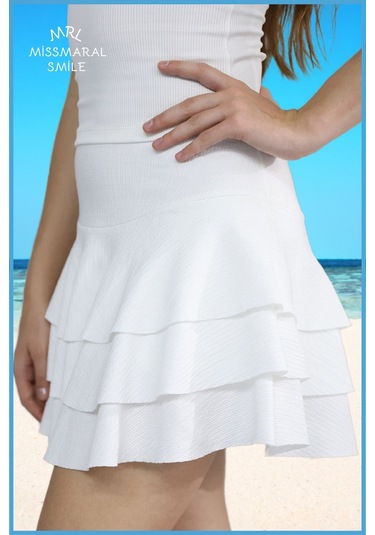 Mykonos Etek Ekru / Beyaz Içte Sabit Şortlu Yüksek Bel Likralı Bürümcük Kumaş Skirt With Shorts 4104 Ekru / Beyaz