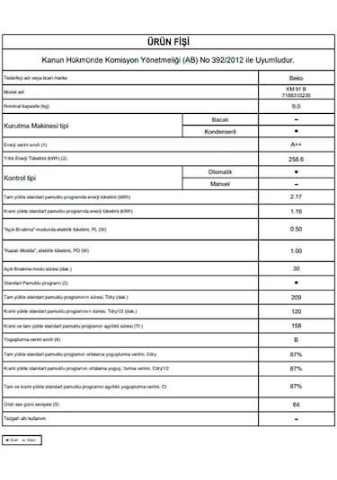 Beko KM 91 B 9 KG Isı Pompalı Çamaşır Kurutma Makinesi