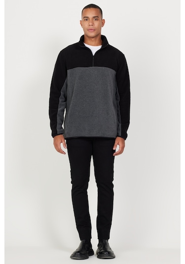 AC&Co / Altınyıldız Classics Erkek Sıyah A.melanj Anti-pilling Tüylenme Yapmayan Standart Fit Dik Yaka İçi Polarlı Çift Renk Polar Sweatshirt Antrasit Melanj - Siyah