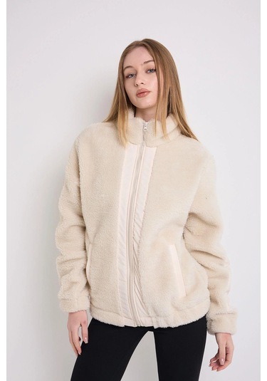 Kadın Rüzgar Geçirmez Welsoft Çift Cepli Kışlık Mont Ekru