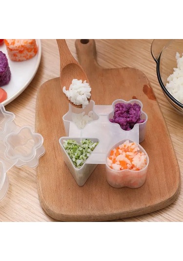 Kangvka Plastik Züccaciye Seti - Kaliteli Yemek Dereceli Malzeme İle 4 Farklı Şekil Kalp, Çiçek, Üçgen, Yıldız İle Pratik Sushi Ve Onigiri Yapımı Şeffaf - Beyaz