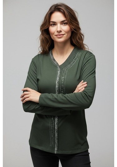 Kadın Önü Kapalı Düğme Detaylı Taşlı Nergis Mevsimlik Bluz Haki