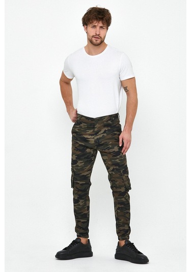 Slim Fit Körüklü Cep Paça Lastikli Esnek Kumaş Erkek Kargo Pantolon haki