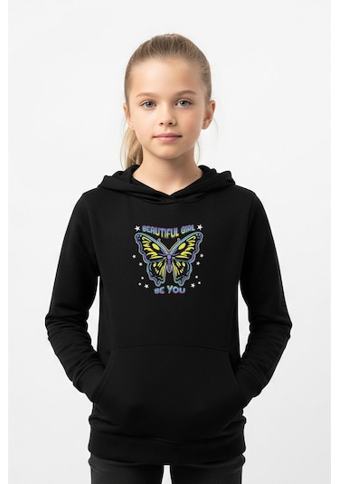 Kanguru Cepli Kapüşonlu Kız Çocuk Sweatshirt Gırl Be You Yazı Baskılı Siyah