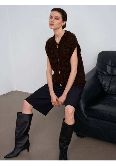 60961 Cep Detaylı Örgü Triko Süveter-koyu Kahve Koyu Kahve