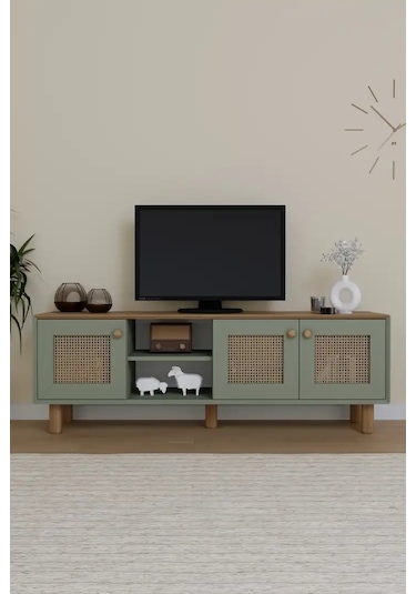 Bohem Serisi Natura Yeşil Pvc Hasır Desen Tv Ünitesi Yeşil
