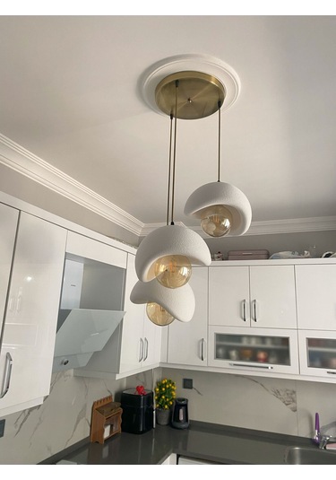 Beton Görünümlü Modern Şık İskandinav Tarz 3 Başlıklı Avize 25cm Rustik Ampul Hediyeli Nestvibe Eskitme - Gold