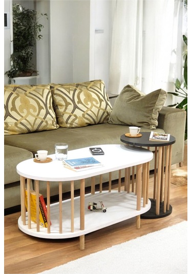 İkili Set Orta Sehpa Ahşap Ayaklı Sehpa İki Raflı Sehpa Dekoratif Sehpa Gazetelikli Beyaz - Antrasit