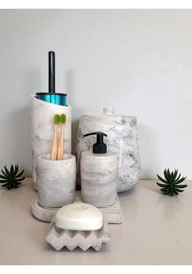Mermer Serisi Beton Banyo Seti,çöp Kovasi,tuvalet Fırçası Takimı,tepsi,sıvı Ve Katı Sabunluk, Gri