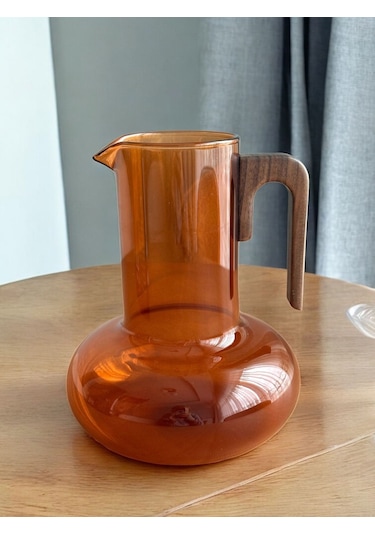 Qerhome Borosilikat Cam Akasya Saplı Luna Amber Sürahi 1200 Ml