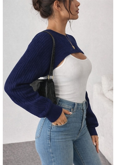 Tarz Cool Kadın Lacivert Dekolteli Crop Triko Bolero Lacivert