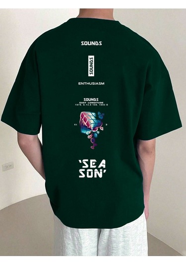 Erkek Nefti Yeşil Oversize Sea Son Baskılı Örme T-shirt Yeşil