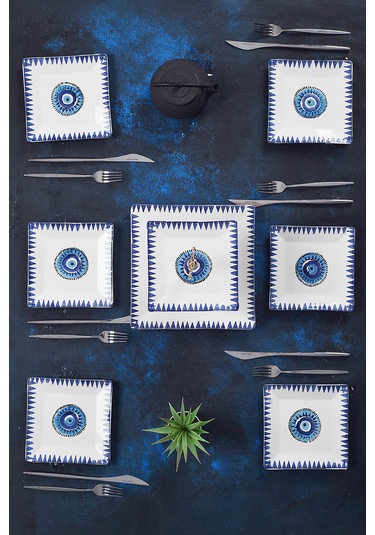 Piatti Naturali İkram Seti Nazar Çift Katlı Sunum Tabağı & 6 Lı Tatlı Tabağı