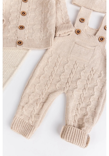 Triko Hırkalı 3'lü Ayarlanabilir Askılı Örgü Erkek Bebek Salopet Tulum Takım Set Bej