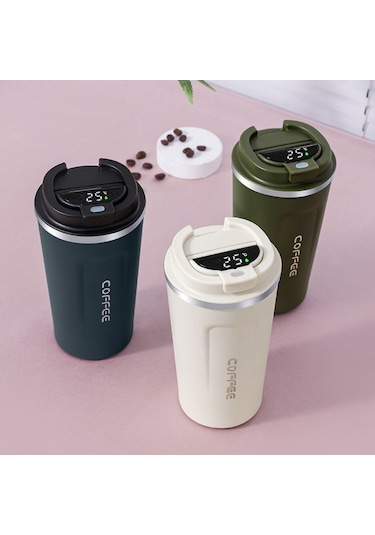 Dijital Isı Göstergeli Paslanmaz Çelik Termos Kupa Sıcak & Soğuk İçecek Mug Yeşil