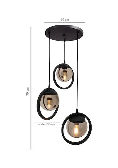 Halka 3 Lu Tepsi. Glop Füme Rengi Camlı Siyah Avize. Salon, Mutfa Siyah