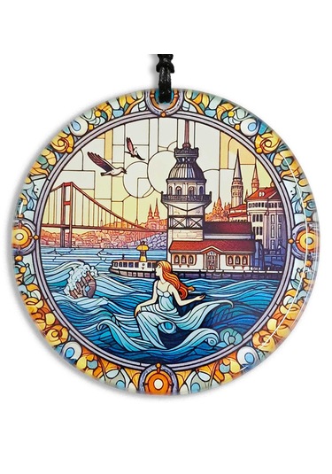 30 Cm Çap - İstanbul,kız Kulesi,deniz Kızı Füzyon Cam Duvar Süsü