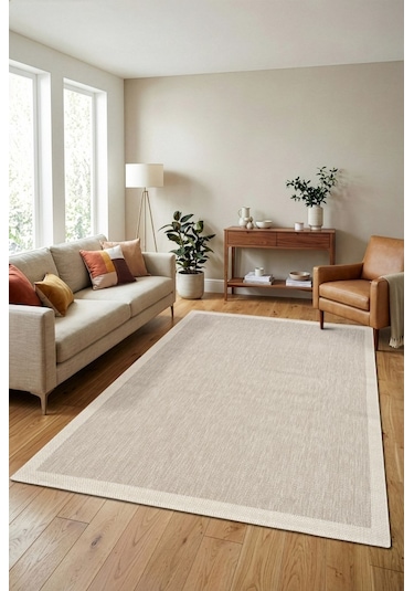 Çerçeveli Bohem Dokunuşlu Doğal Tonlarda Modern Sisal Bej - Krem Renk Halı Krem