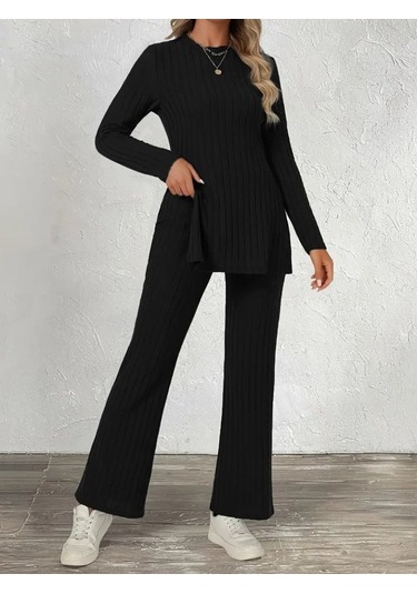 Evyora Kadın Uzun Kollu Bisiklet Yaka Yandan Yırtmaçlı Şardonlu Kaşkorse Bluz Ve Pantolon Ikili Takım Siyah Evyora Kadın Uzun Kollu Bisiklet Yaka Yandan Yırtmaçlı Şardonlu Kaşkorse Bluz Ve Pantolon Ikili Takım Siyah