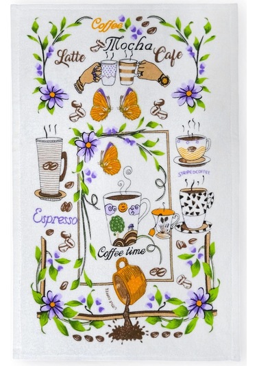 4lü Paket Baskılı Beyaz Mutfak Havlusu Modeli Coffee Mocha