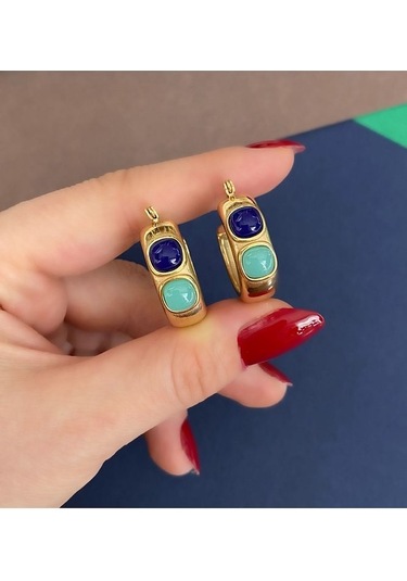 Turkuaz - Mavi Mineli Halka Gold Çelik Kararmaz Küpe Çifti Altın