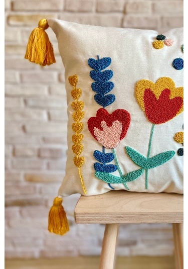 Swita Home Punch İşlemeli Tekli Dekoratif Özel Tasarım Kırlent Kılıfı Panç Çok Renkli