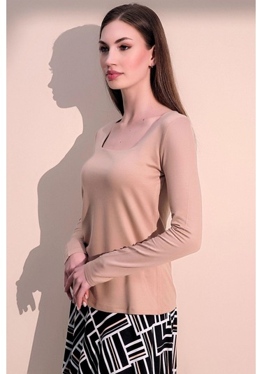 WeShaya Kadın Bej Günlük Stil Basic Kare Yaka Uzun Kol Bluz Bej