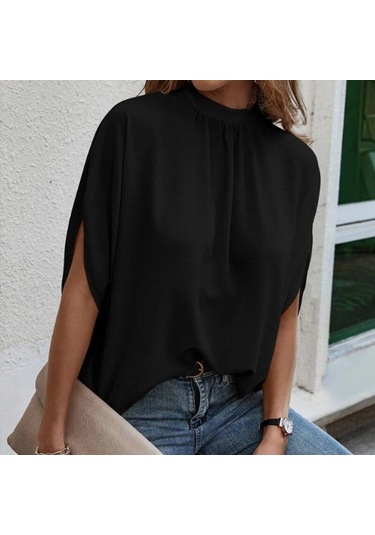 Yaz Dantel-up Leopar Baskı Batwing Kısa Kollu Bluz Zarif Gevşek Rahat Standı Yaka Gömlek Moda Şık Üstleri Kadın 25320 Siyah