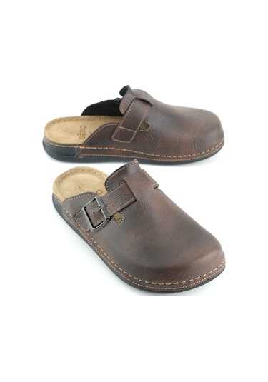 Gezer Gemo Erkek İç Taban Hakiki Deri Tek Toka Ayarlanabilir Ev Bahçe Günlük Terlik Kahve