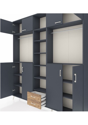 Arges Dolap 14 Raflı 2 Çekmeceli 2 Askılı 220x30x243 Antrasit-antrasit/çam Antrasıt/atlas Çam