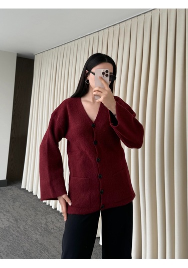 Laluvia Düğmeli Basic Hırka - 4622  Bordo