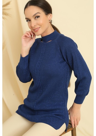 Boyun Dekolteli Saç Örgülü Desen Büyük Beden Spor Tunik Kazak-35203 - Saks