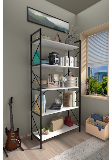 5 Raflı Kitaplık Dekoratif Raf 180x90x30 Beyaz