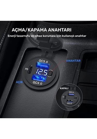 Boatshop1 Üç Arayüzlü Usb Type-c Qc3.0 Pd3.0 Uyumlu Led Ekranlı Yeşil Işık Çizgili Araba Şarj Cihazı 12v 24v Araçlar İçin