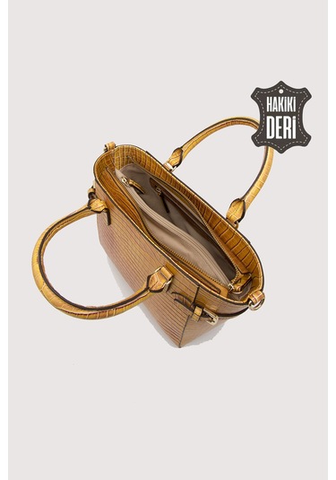 Hakiki Deri Kadın El Çantası Hardal Kroko Smr7922 Hardal Kroko