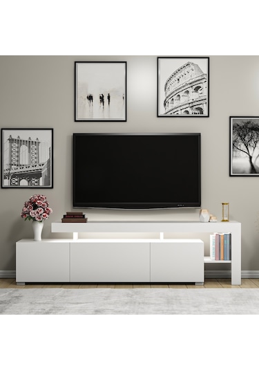 Beliz Modern LED Işıklı 3 Kapaklı, Raflı TV Sehpası – 192 cm, Beyaz